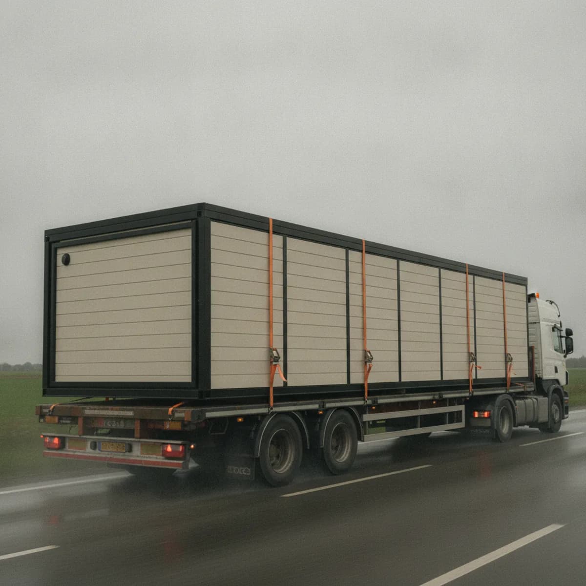 Le module replié, sanglé sur un camion, sur la route